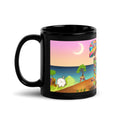 Black ceramic mug with colorful surreal landscape, crescent moon, and nature art design.