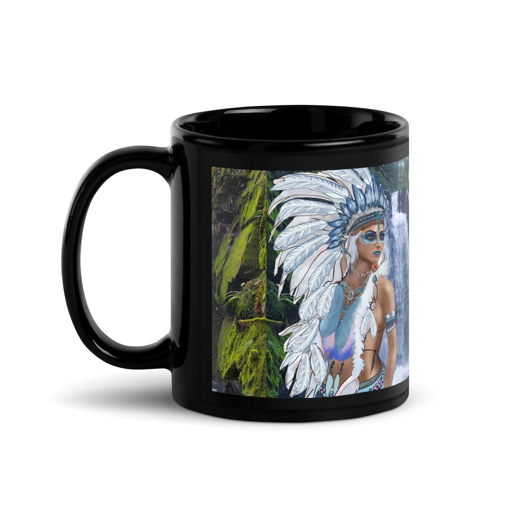 Premium Black Ceramic a majestic sacred waterfall guardian adorned with a magnificent white feathered headdress, striking blue eyes, face paint, and ornate jewelry. Set against a lush waterfall and forest background, this design celebrates peace, nature, and the sacred guardianship of the waters - 11 oz - left view