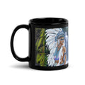 Premium Black Ceramic a majestic sacred waterfall guardian adorned with a magnificent white feathered headdress, striking blue eyes, face paint, and ornate jewelry. Set against a lush waterfall and forest background, this design celebrates peace, nature, and the sacred guardianship of the waters - 11 oz - left view