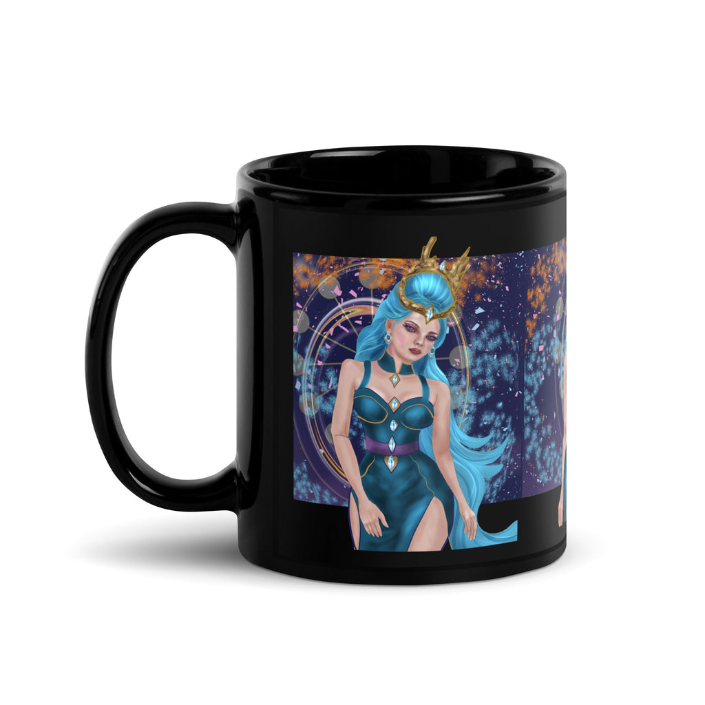 Ice Queen Mug - Premium ceramic black mug with stunning Ice Queen with turquoise blue hair, golden crown, and cosmic starry background. 11 oz - left view