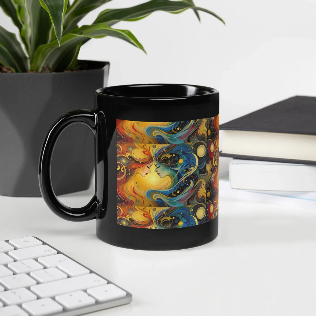 Black ceramic mug with colorful abstract nature design on desk by plant and books