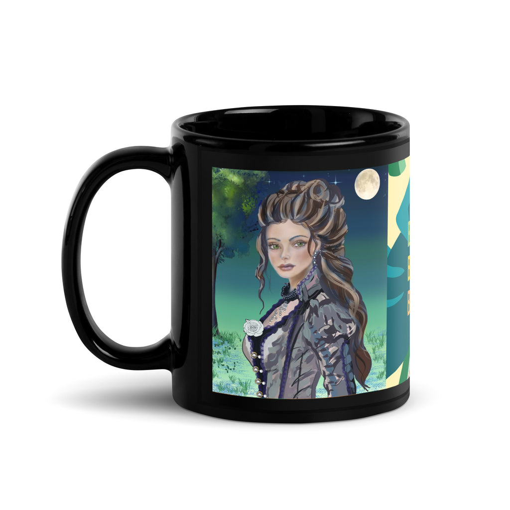 Premium Black Glossy Ceramic -Moonlit Elegance Gothic Art Mug - Inspirational Black Ceramic Mug- text "Be Happy, Be Bright, Be You" 11 oz- left view