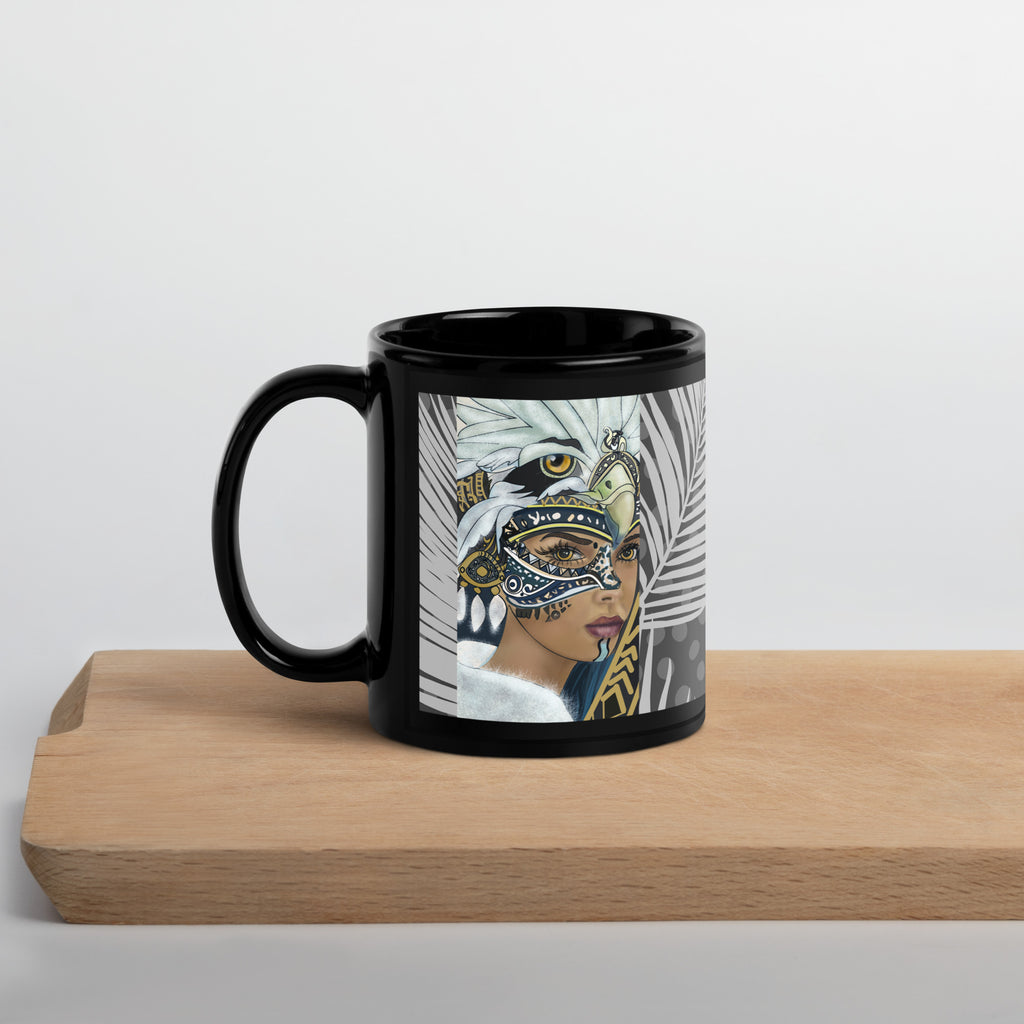 Premium Black Glossy Ceramic -American Indian Eagle Mask Woman Mug - Mystical Tribal Art Black Ceramic-11-oz-left