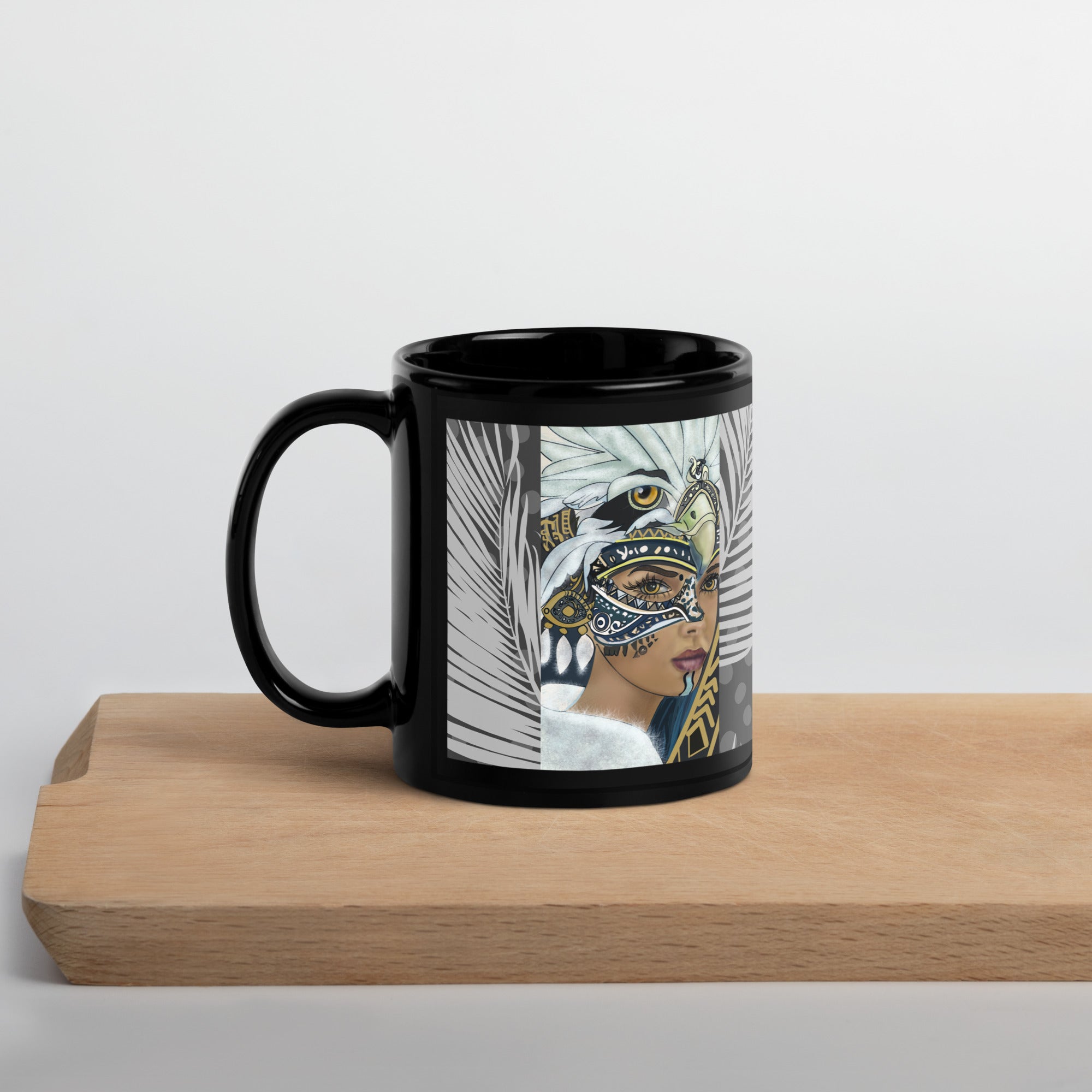 Premium Black Glossy Ceramic -American Indian Eagle Mask Woman Mug - Mystical Tribal Art Black Ceramic-11-oz-left
