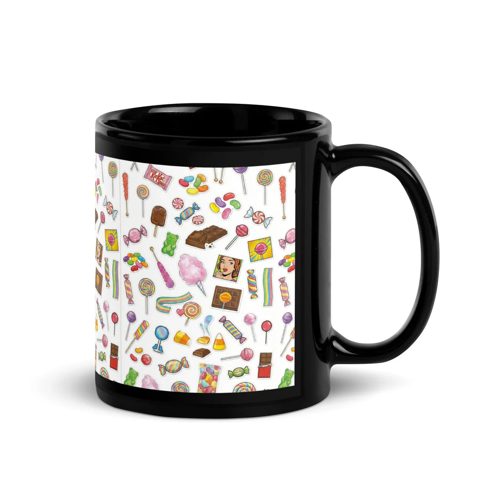 Black ceramic mug with a colorful candy pattern, 11 oz, handle on right side