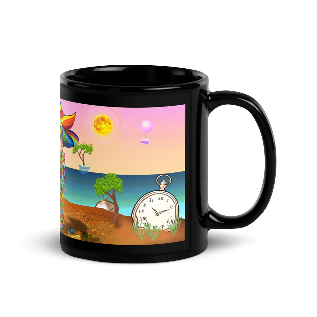Black ceramic mug with colorful surreal nature and clock design, glossy finish, right handle