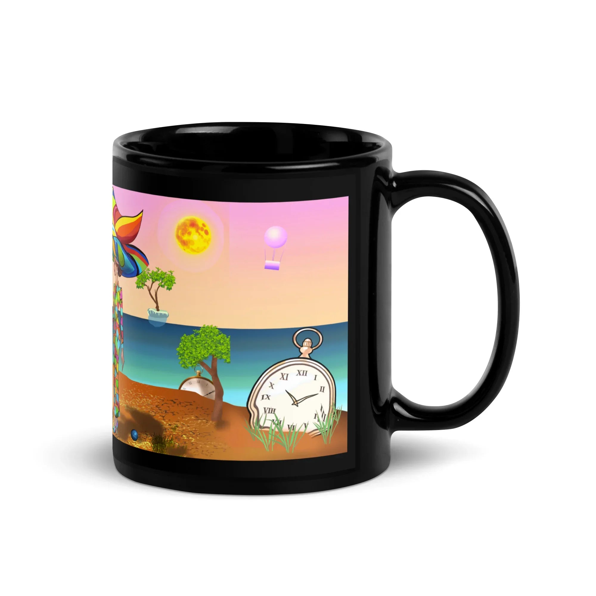 Black ceramic mug with colorful surreal nature and clock design, glossy finish, right handle
