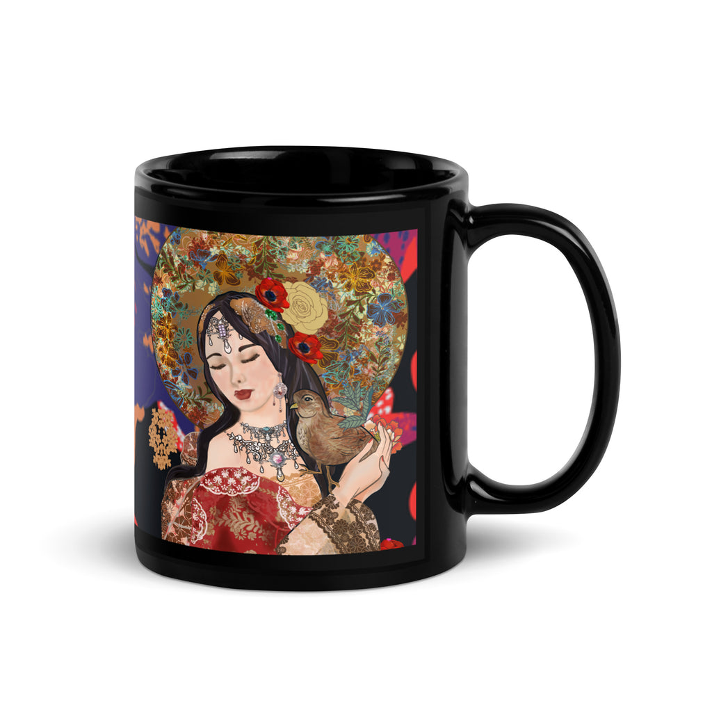 Premium Ceramic black glossy mug with Klimt inspired artwork of a stunning nature goddess adorned with an ornate golden floral headdress, red poppies in her hair, and intricate jewelry. She holds a delicate bird in her hand, surrounded by a vibrant kaleidoscope of flowers and an ornamental parasol - 11 oz - right view