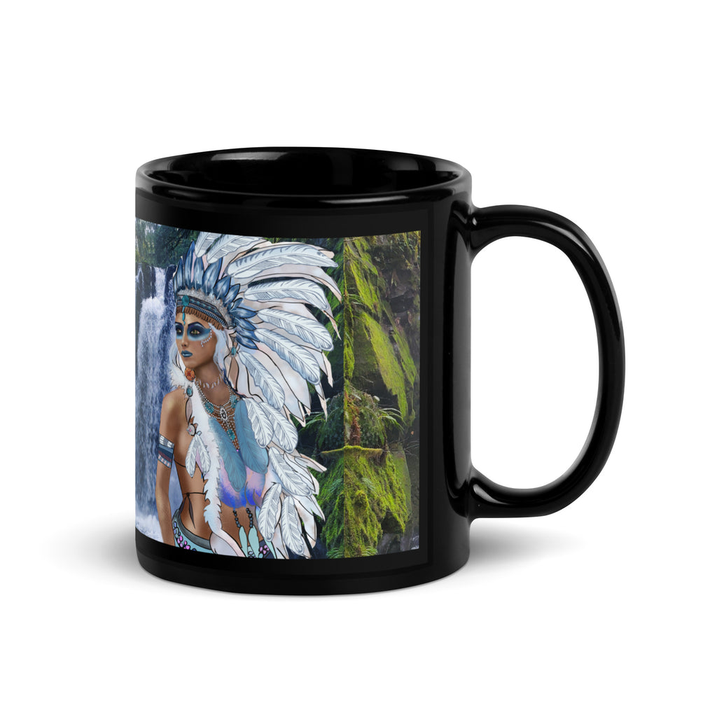 Premium Black Ceramic a majestic sacred waterfall guardian adorned with a magnificent white feathered headdress, striking blue eyes, face paint, and ornate jewelry. Set against a lush waterfall and forest background, this design celebrates peace, nature, and the sacred guardianship of the waters - 11 oz - right view