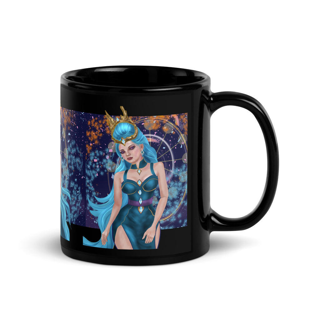 Ice Queen Mug - Premium ceramic black mug with stunning Ice Queen with turquoise blue hair, golden crown, and cosmic starry background. 11 oz - right view