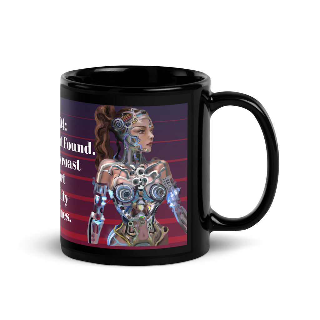 Premium Black Glossy Ceramic mug - Error 404: Motivation Not Found.. Insert dark roast to restart personality subroutines - Personalized  message on a gradient red and dark blue background 11 oz - right view