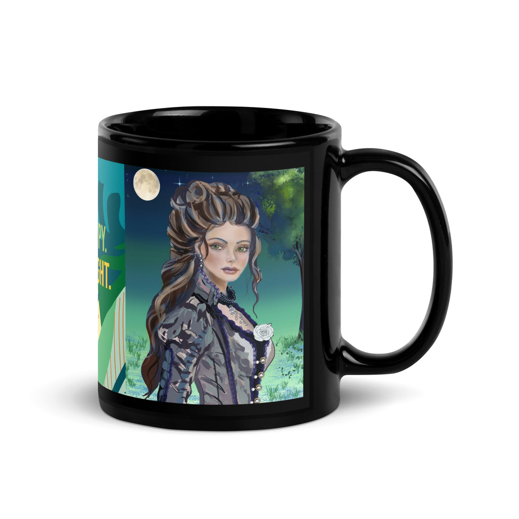 Premium Black Glossy Ceramic -Moonlit Elegance Gothic Art Mug - Inspirational Black Ceramic Mug - text "Be Happy, Be Bright, Be You" 11 oz- right view
