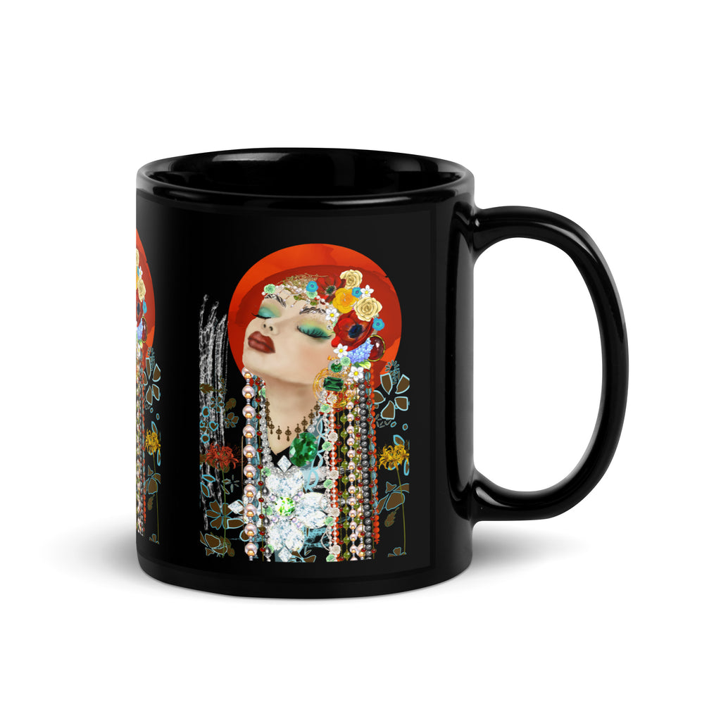 Art Deco Jeweled Woman Mug - Klimt Inspired Black Ceramic Mug-11-oz-right
