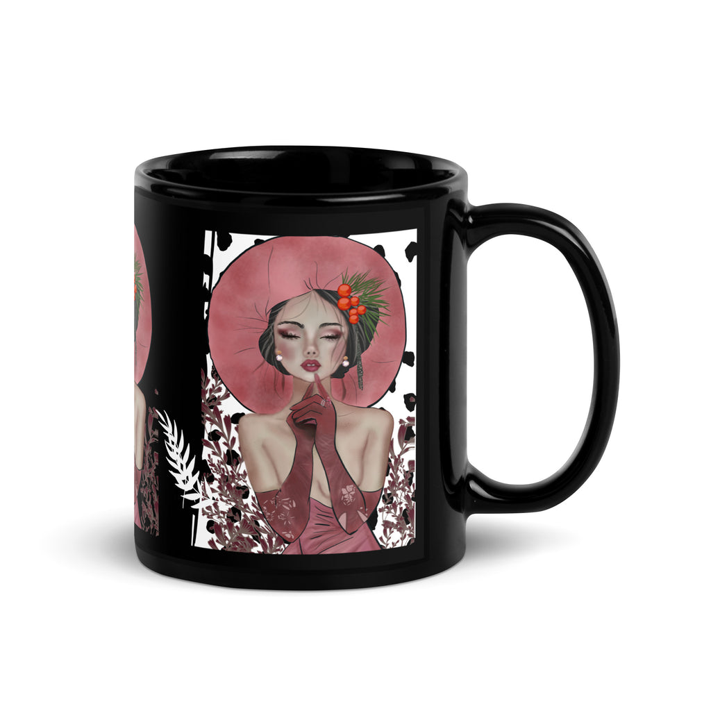 Premium Black Glossy Ceramic -Retro Pop Art Woman Mug - Pink Hat Black Ceramic Coffee Mug-11-oz-right
