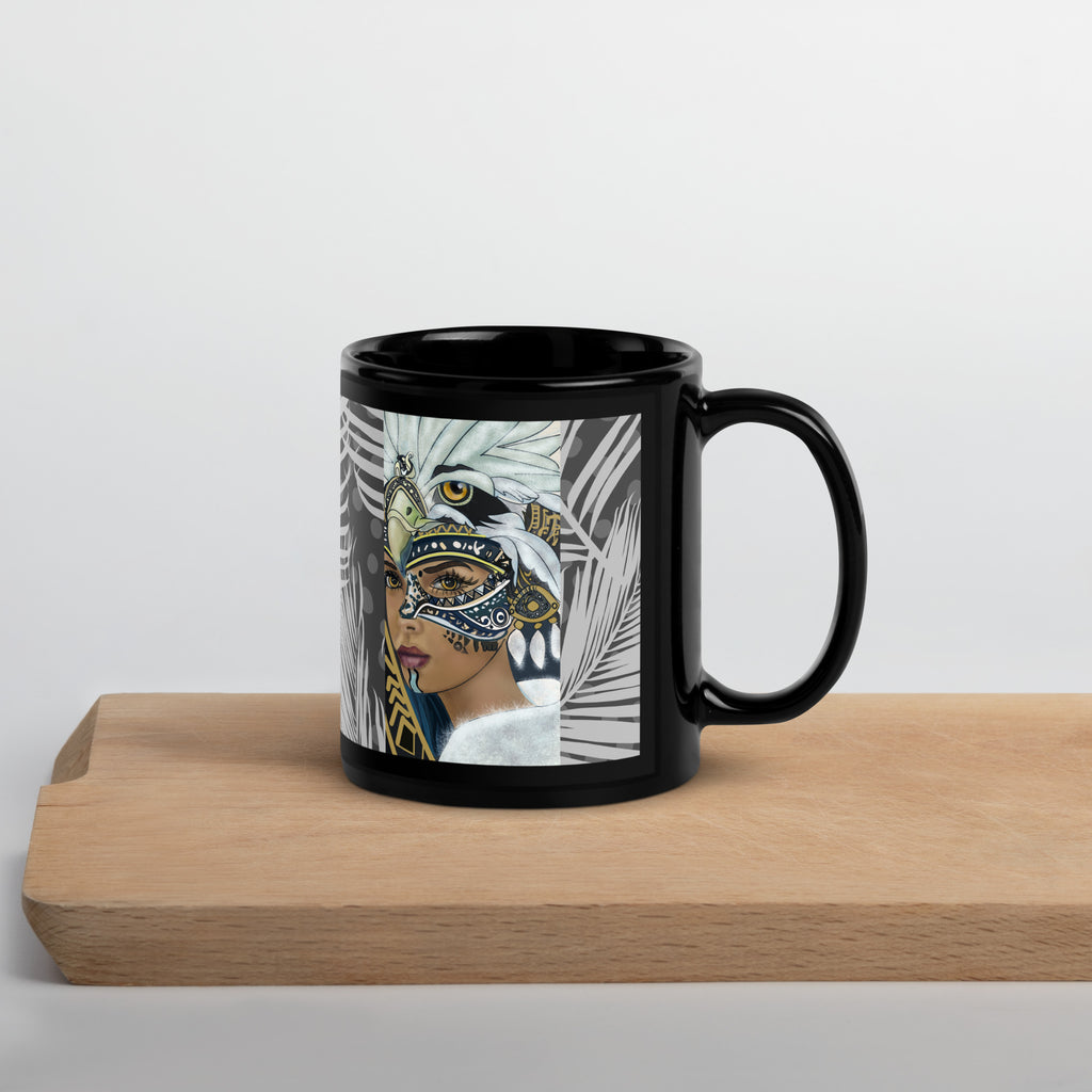 Premium Black Glossy Ceramic -American Indian Eagle Mask Woman Mug - Mystical Tribal Art Black Ceramic-11-oz-right