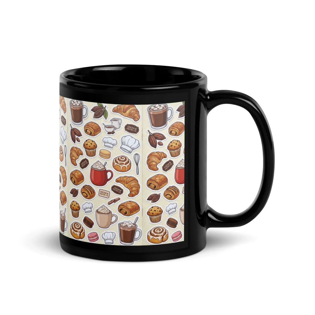 Black ceramic mug with pastry and coffee pattern, glossy finish, handle on right