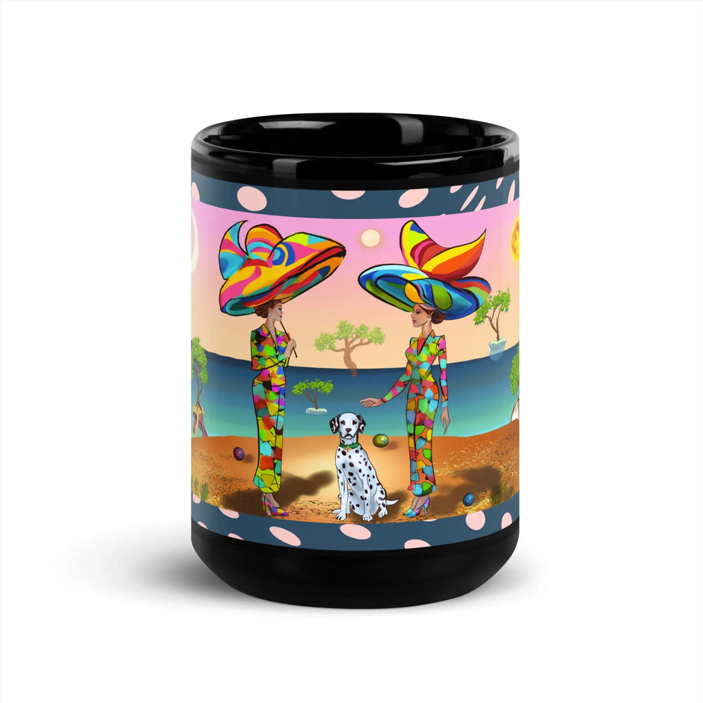 Black glossy ceramic mug with colorful abstract women, Dalmatian, and nature landscape design