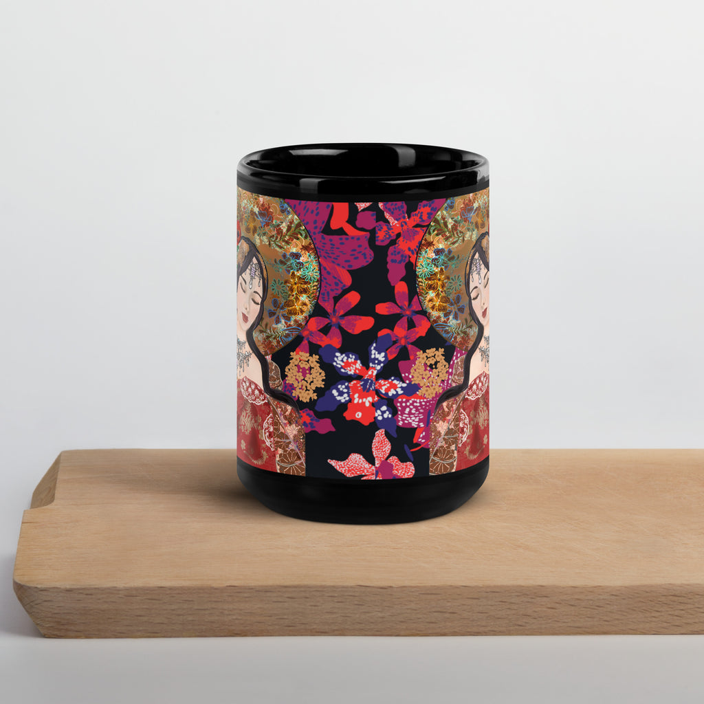 Premium Ceramic black glossy mug with Klimt inspired artwork  a vibrant kaleidoscope of flowers and an ornamental parasol - 15 oz - front view
