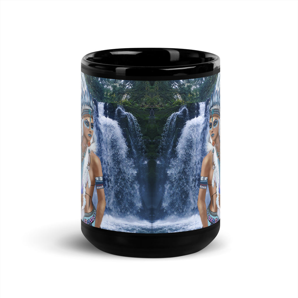 Premium Black Ceramic a majestic sacred waterfall guardian adorned with a magnificent white feathered headdress, striking blue eyes, face paint, and ornate jewelry. Set against a lush waterfall and forest background, this design celebrates peace, nature, and the sacred guardianship of the waters - 15 oz - front view