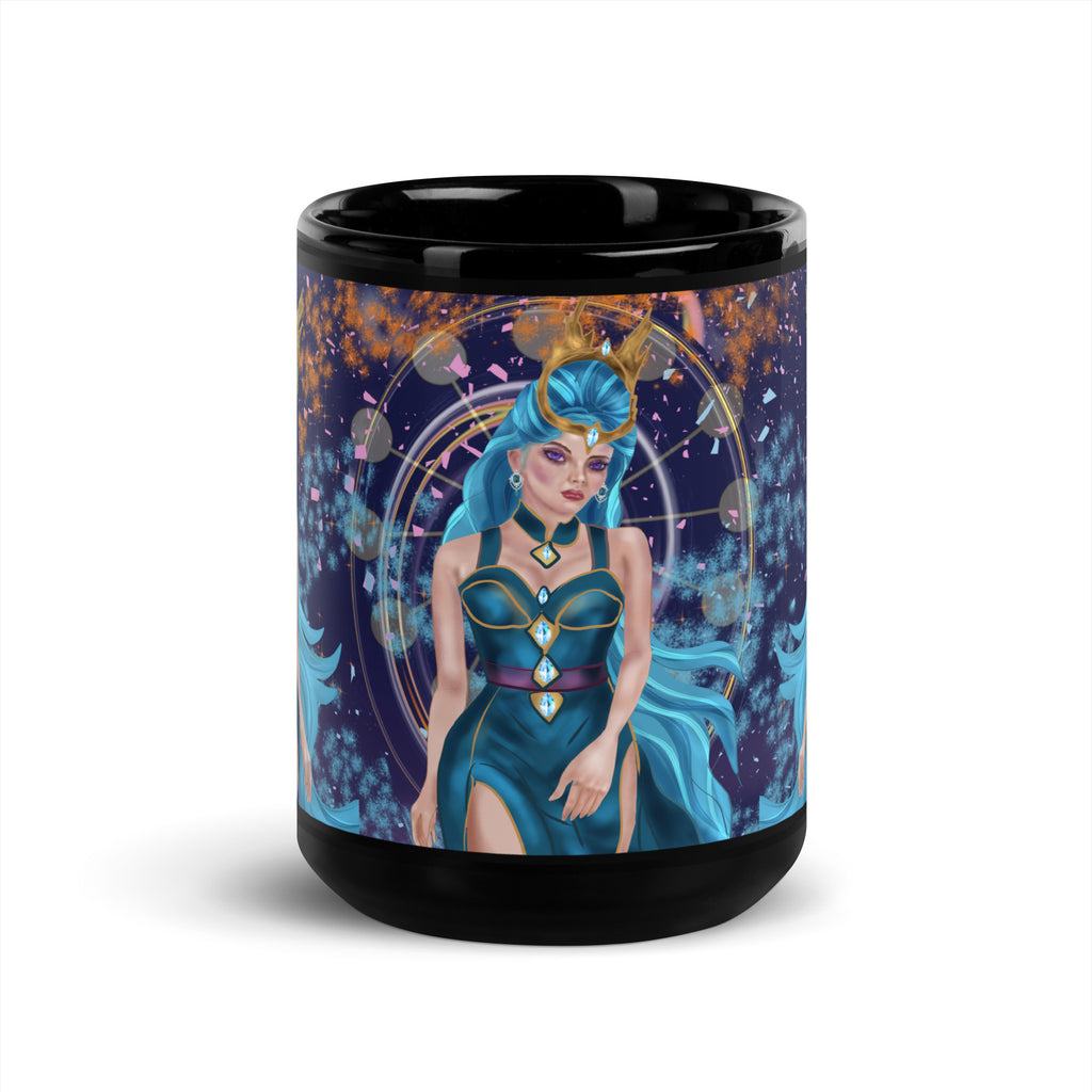 Ice Queen Mug - Premium ceramic black glossy mug -starry magical cosmic design and queen with turquoise hair and golden crown -15 oz - front view