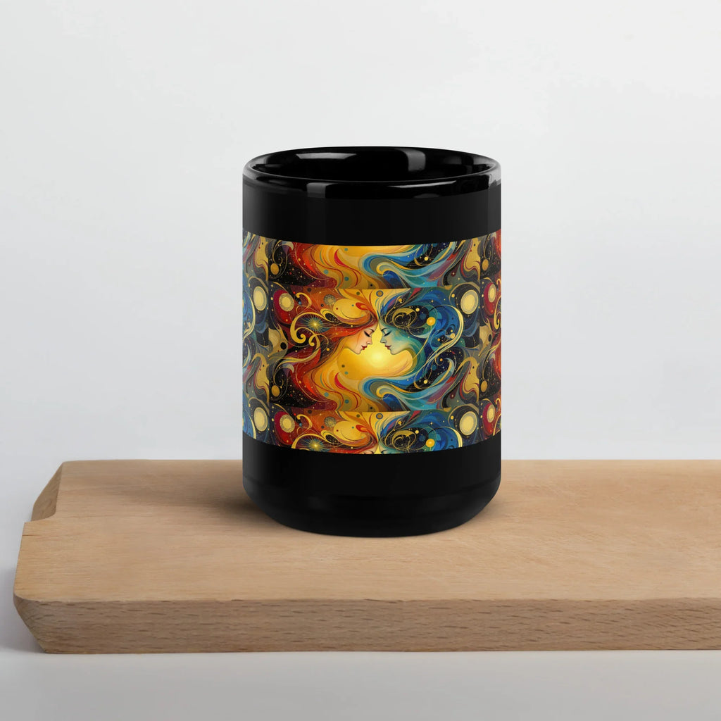 Black glossy ceramic mug with vibrant swirling sun and moon nature motif artwork