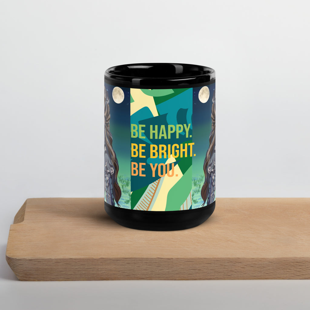 Premium Black Glossy Ceramic -Moonlit Elegance Gothic Art Mug - Inspirational Black Ceramic Mug- 15-oz-front - text "Be Happy, Be Bright, Be You" 