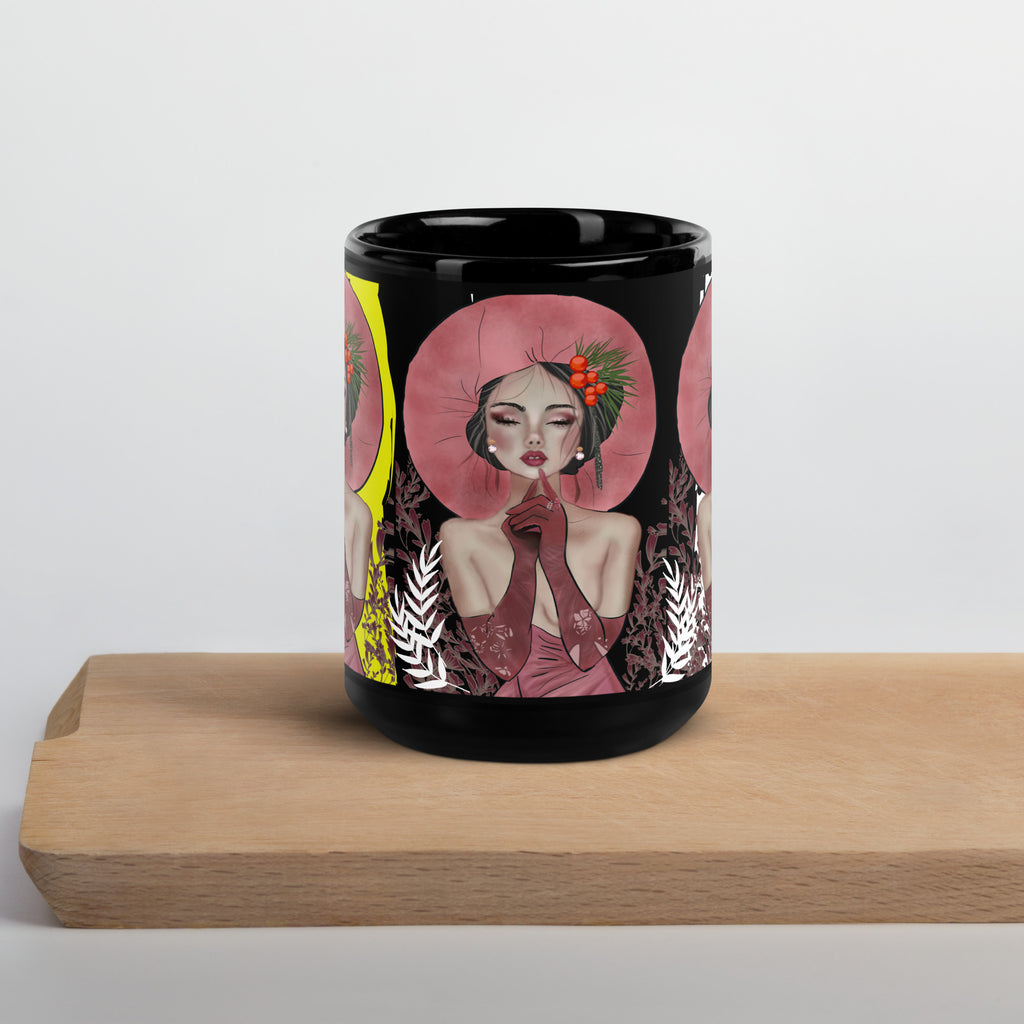 Premium Black Glossy Ceramic -Retro Pop Art Woman Mug - Pink Hat Black Ceramic Coffee Mug-15-oz-front