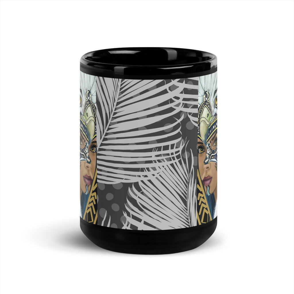 Premium Black Glossy Ceramic -American Indian Eagle Mask Woman Mug - Mystical Tribal Art Black Ceramic-15-oz-front