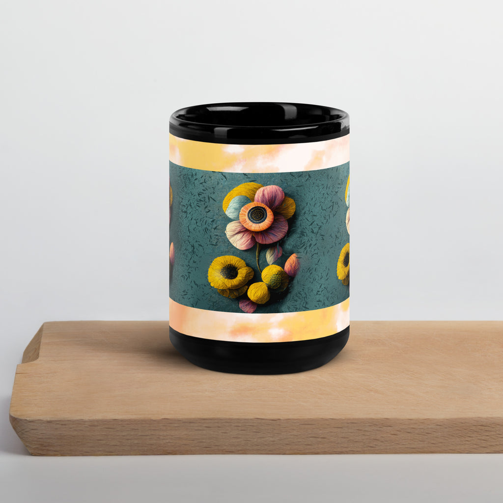 Premium White Ceramic -   3D Textured Floral Mug - Black Interior Ceramic Art Mug -15-oz-front