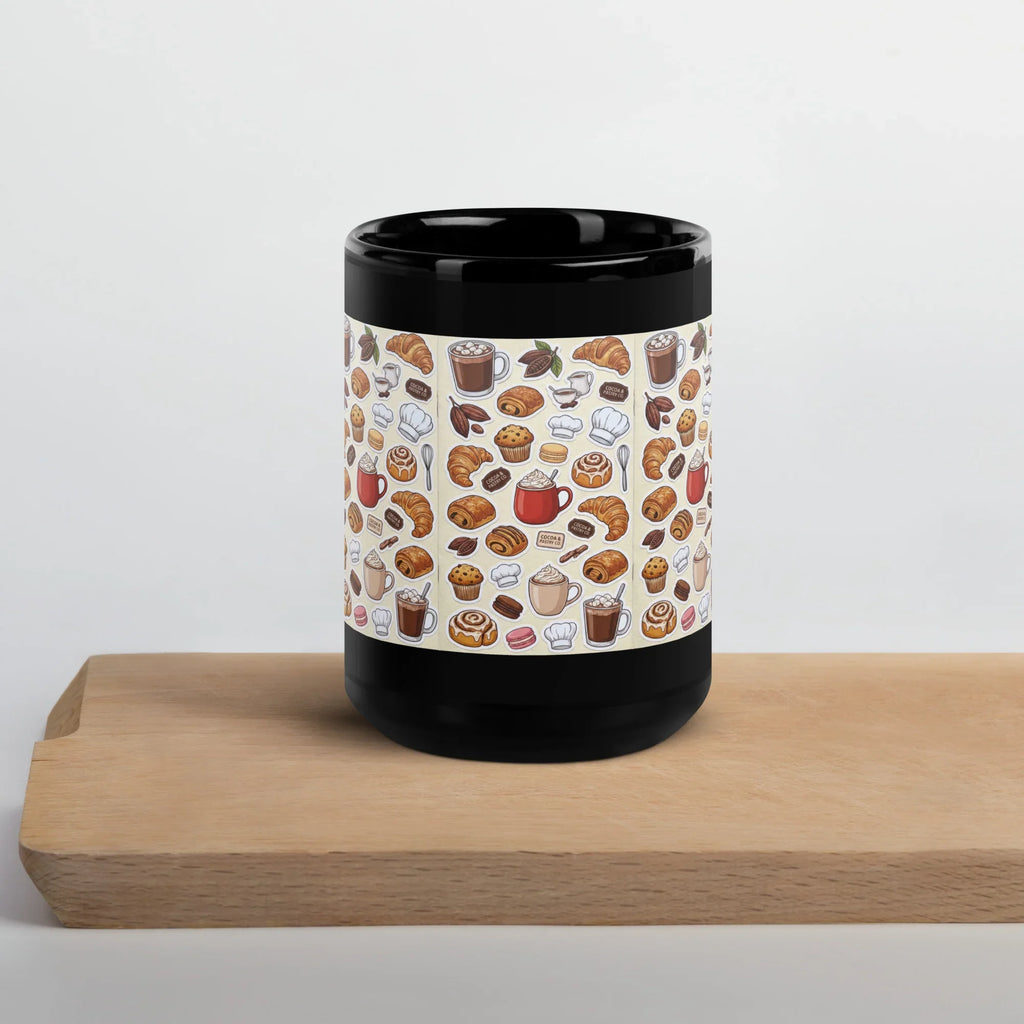 Black glossy ceramic mug with pastry and coffee pattern, 15 oz, on wooden board