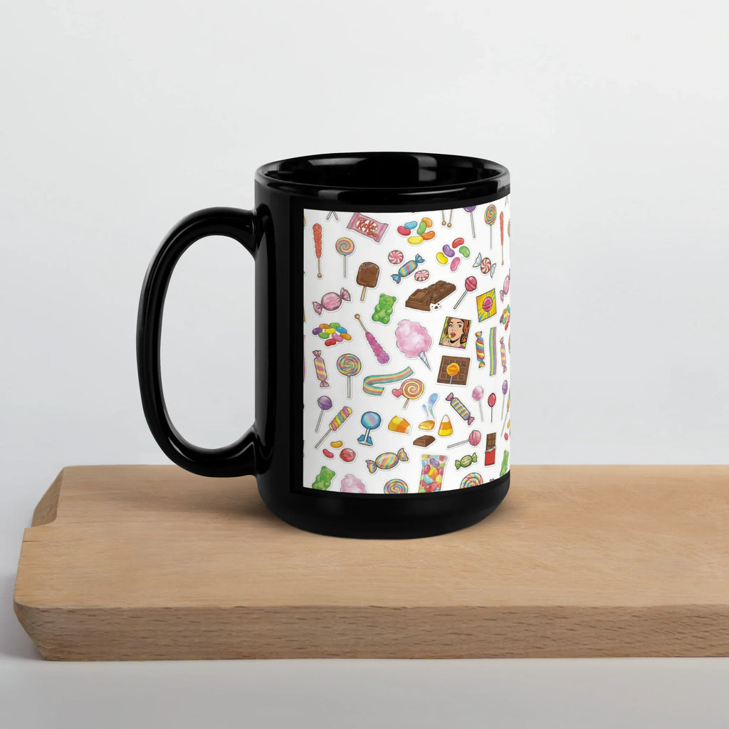 Black glossy ceramic mug with colorful candy pattern, 15 oz, on wooden board