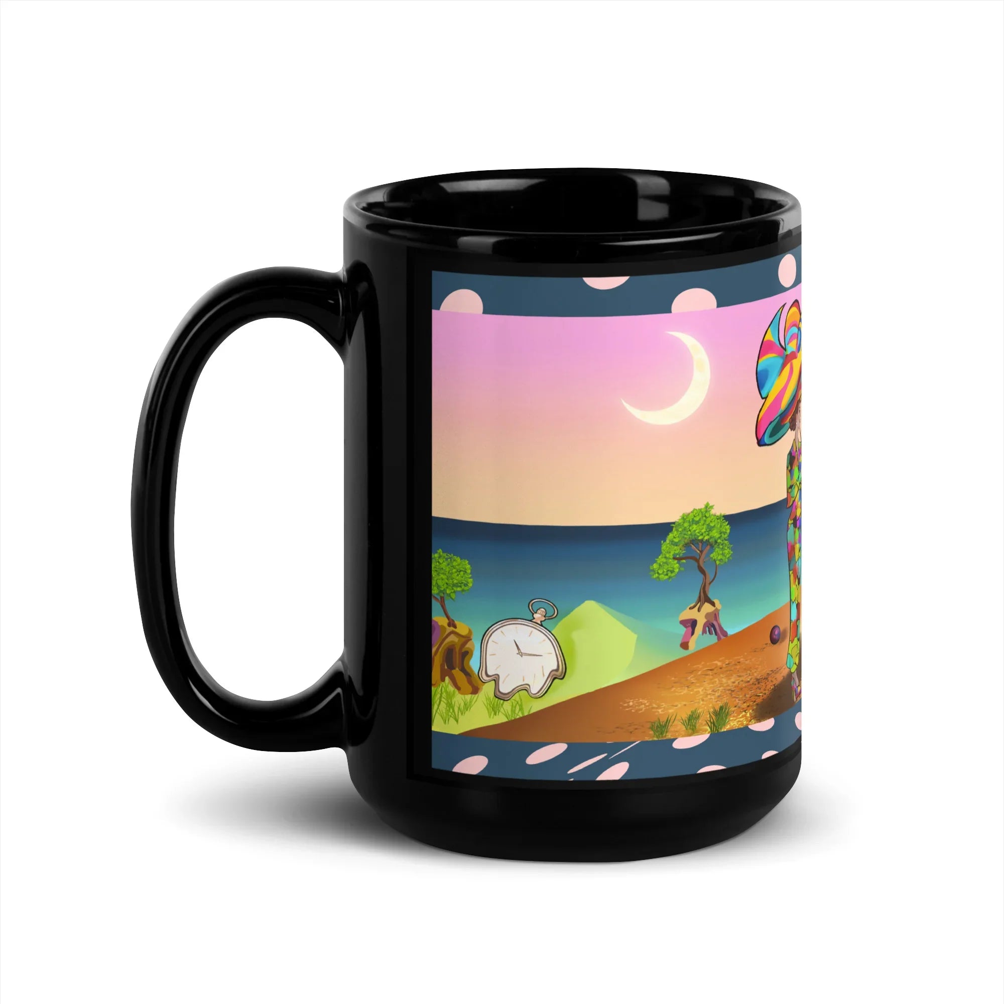 Black glossy ceramic mug with colorful nature landscape and whimsical beach scene illustration