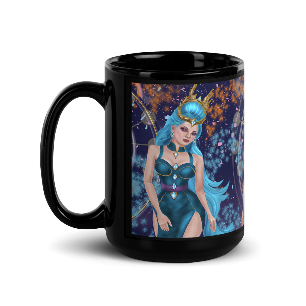 Ice Queen Mug - Premium ceramic black mug with stunning Ice Queen with turquoise blue hair, golden crown, and cosmic starry background. 15 oz - left view