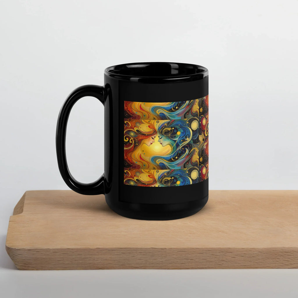 Black ceramic mug with colorful abstract nature art, placed on a wooden tray.