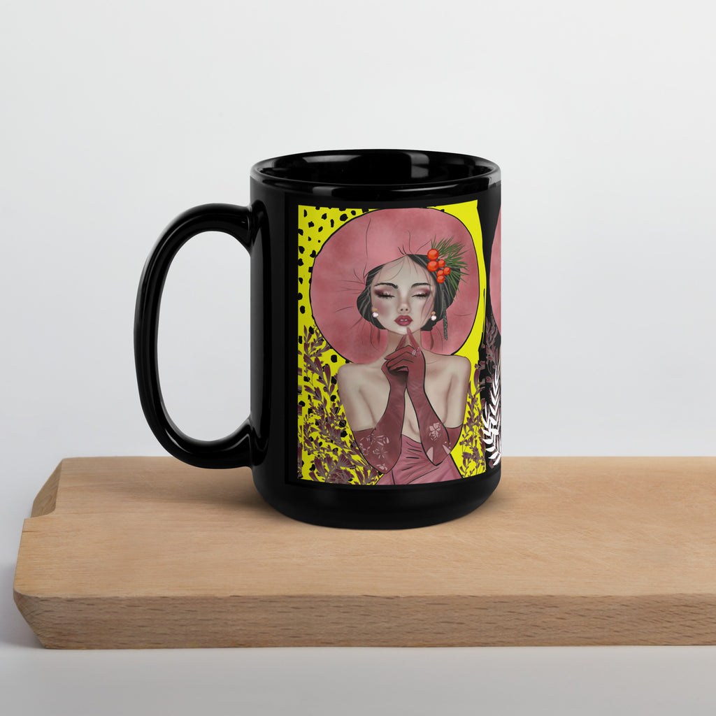 Premium Black Glossy Ceramic -Retro Pop Art Woman Mug - Pink Hat Black Ceramic Coffee Mug-15-oz-left