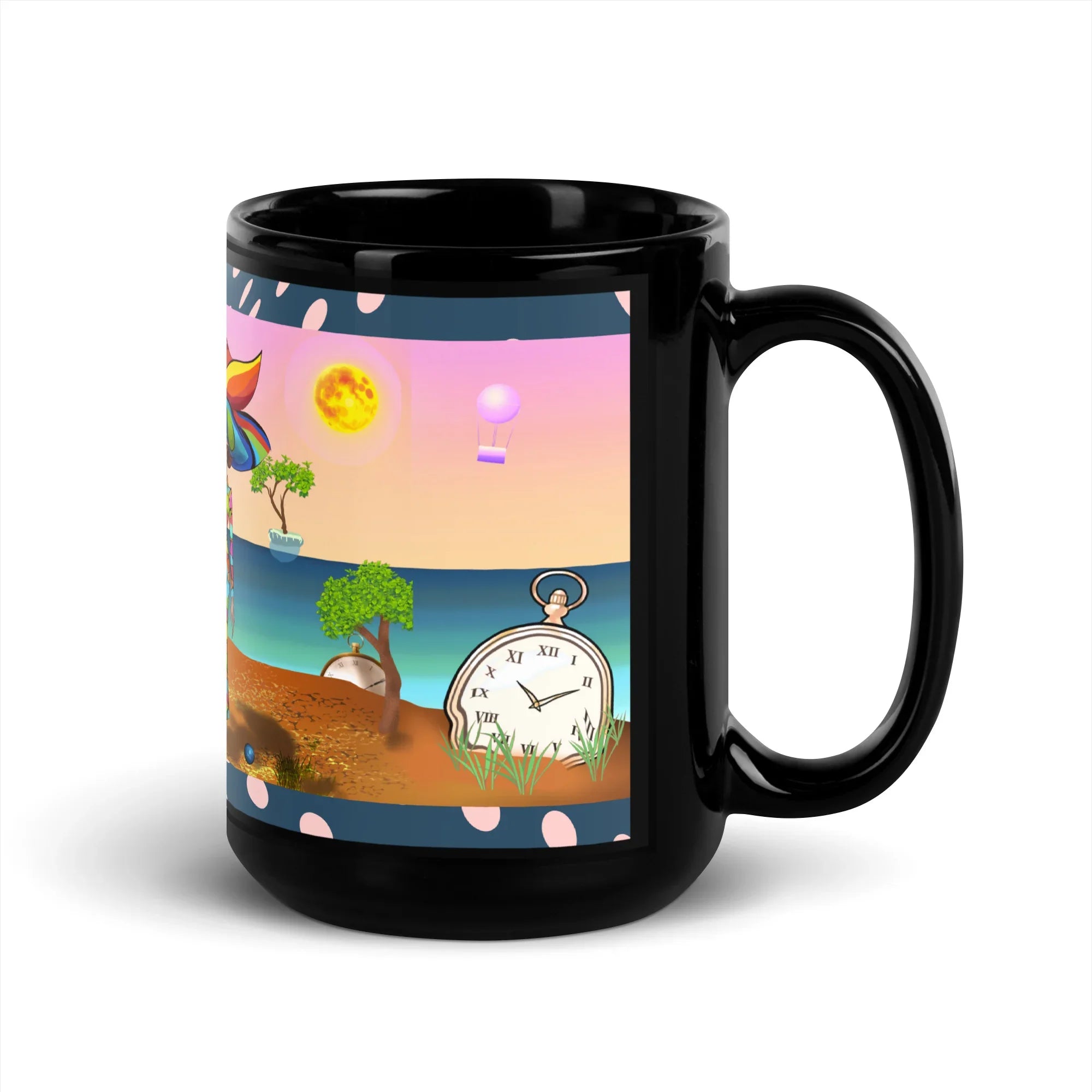 Black glossy ceramic mug with surreal nature and clock design on a colorful background.