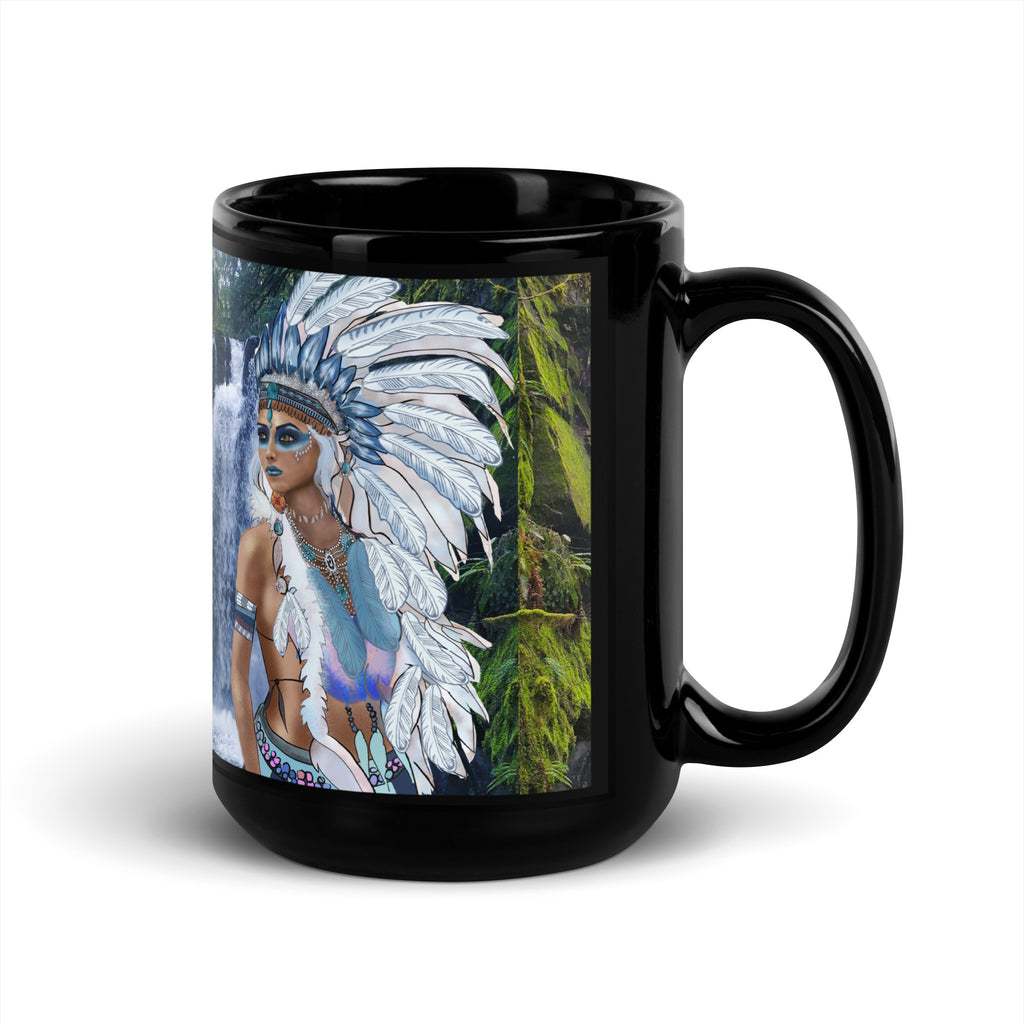 Premium Black Ceramic a majestic sacred waterfall guardian adorned with a magnificent white feathered headdress, striking blue eyes, face paint, and ornate jewelry. Set against a lush waterfall and forest background, this design celebrates peace, nature, and the sacred guardianship of the waters - 15 oz - right view