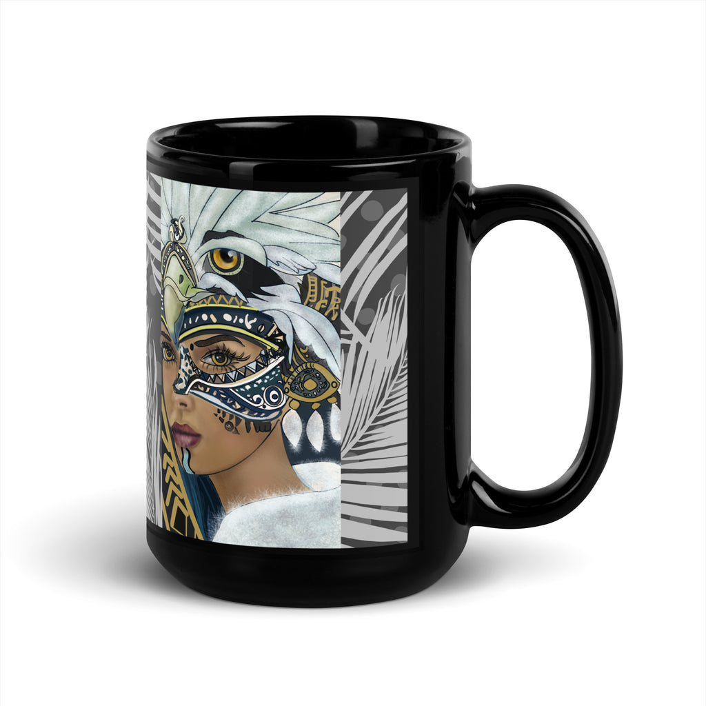 Premium Black Glossy Ceramic -American Indian Eagle Mask Woman Mug - Mystical Tribal Art Black Ceramic-15-oz-right