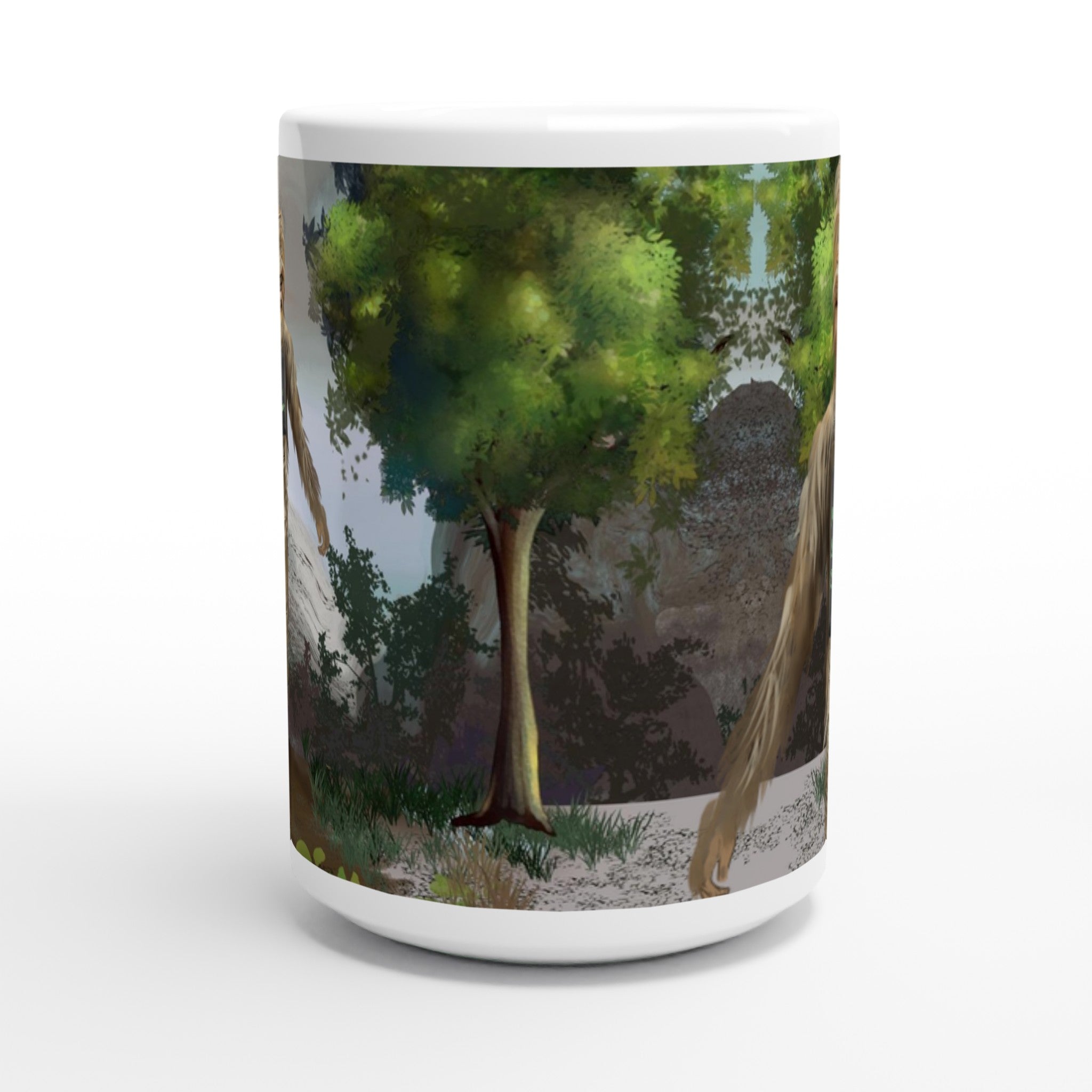 Premium white ceramic - Big Foot Mug- Rare. Like a Good Cup 15 oz size - Shows Forest and mountains- front view