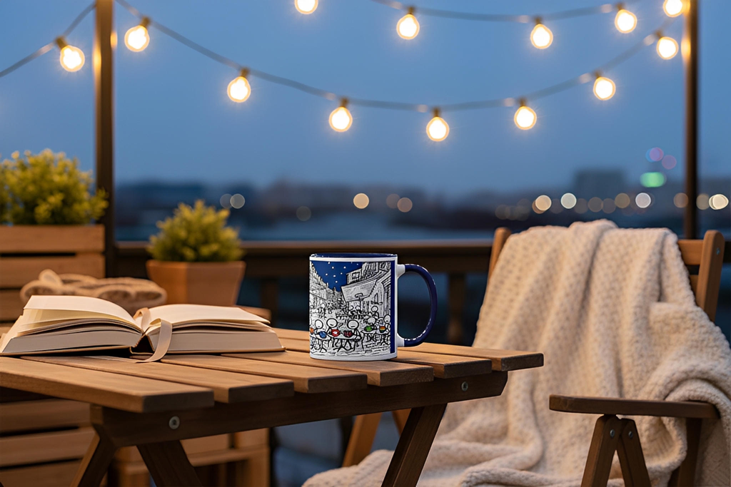 Fun Premium White Ceramic mug with navy blue color inside features a  night under the stars where people gather at an outdoor café and enjoy their coffee in colorful mugs.  11 - oz right view on table with chairs and a view of distant  water with hanging lights.