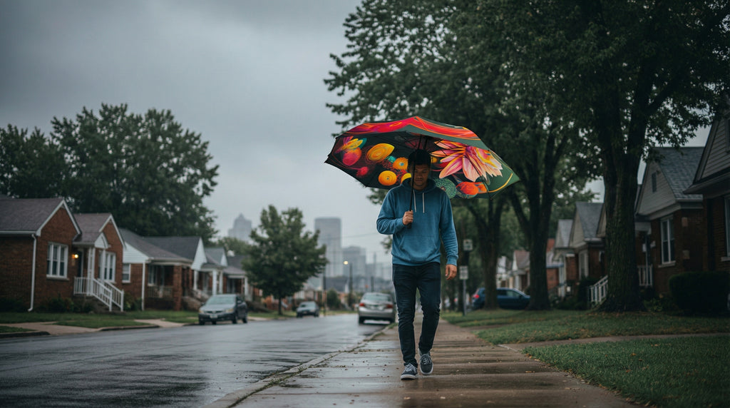 Person walking on a rainy street with a colorful umbrella
