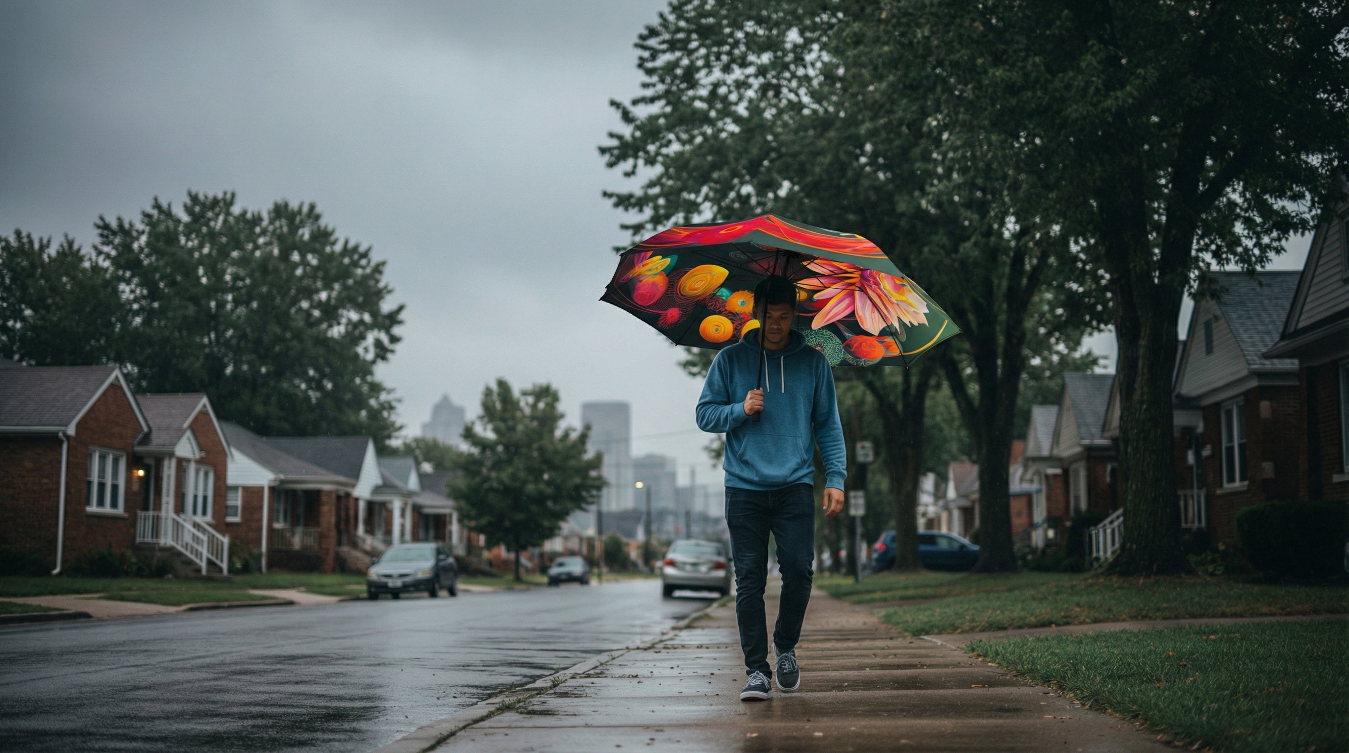 Person walking on a rainy street with a colorful umbrella