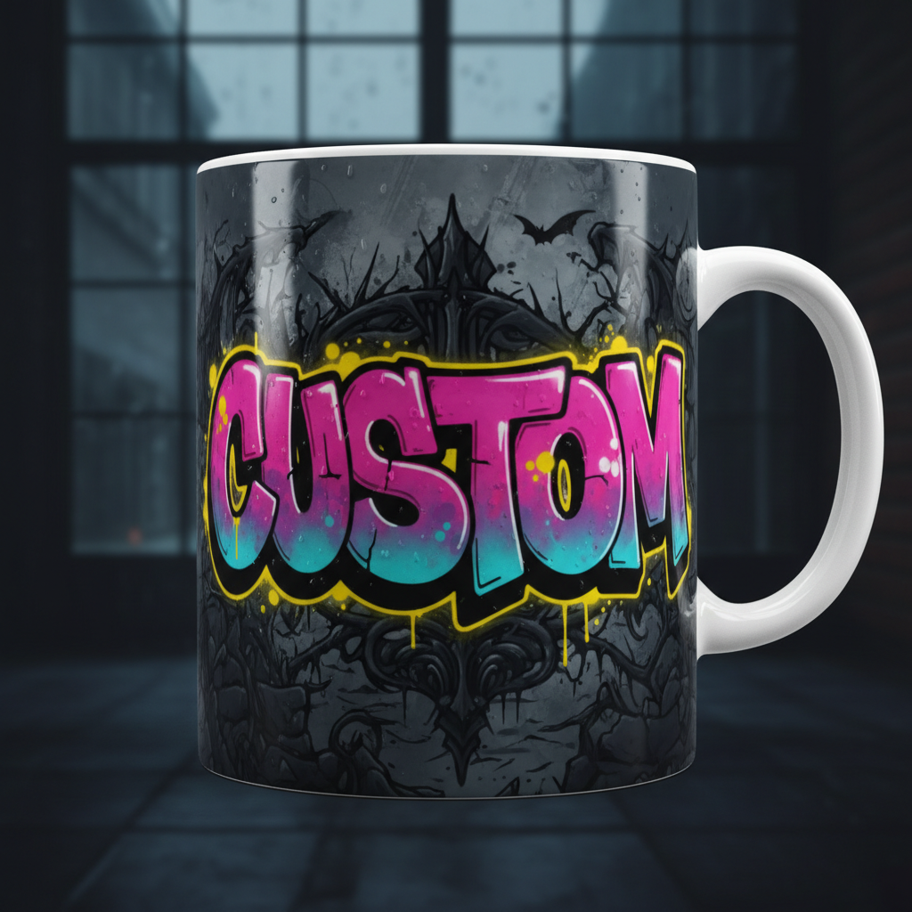 Mug with colorful 'CUSTOM' text on a dark background