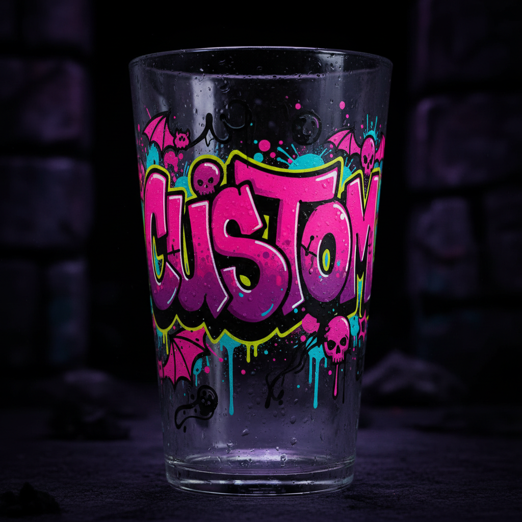 Glass with colorful 'CUSTOM' design on a dark background