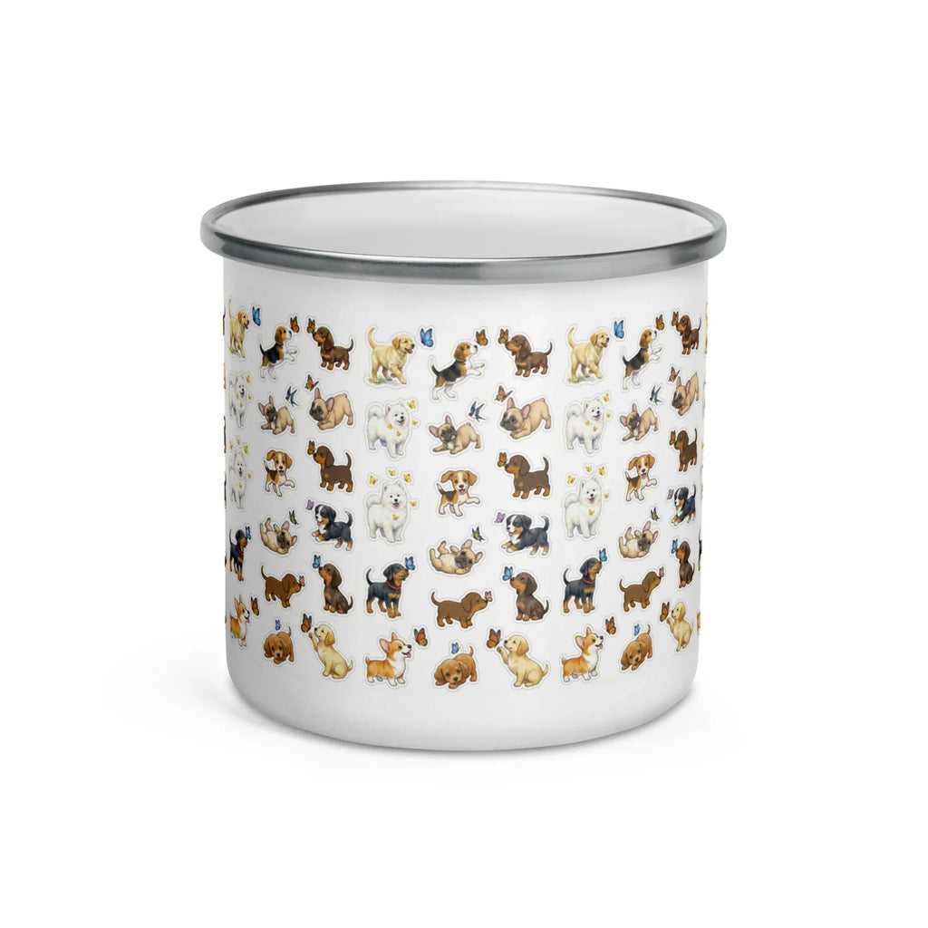 White enamel mug with playful dog illustrations and a silver rim, 12 oz size.