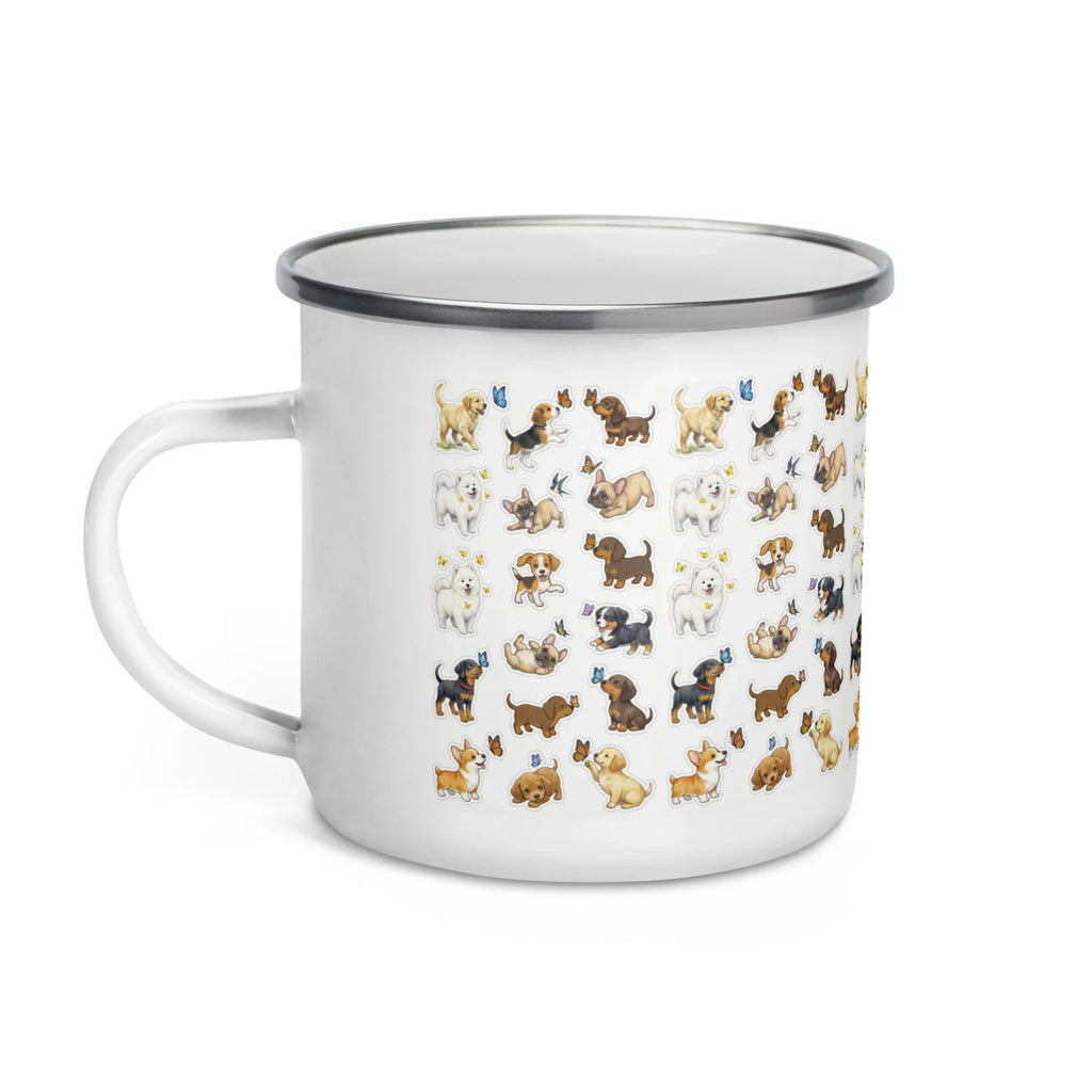 White enamel mug with cute cartoon dog pattern and silver rim, animal lover gift
