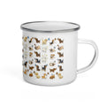 White enamel mug with colorful cartoon puppy dog illustrations and a silver rim