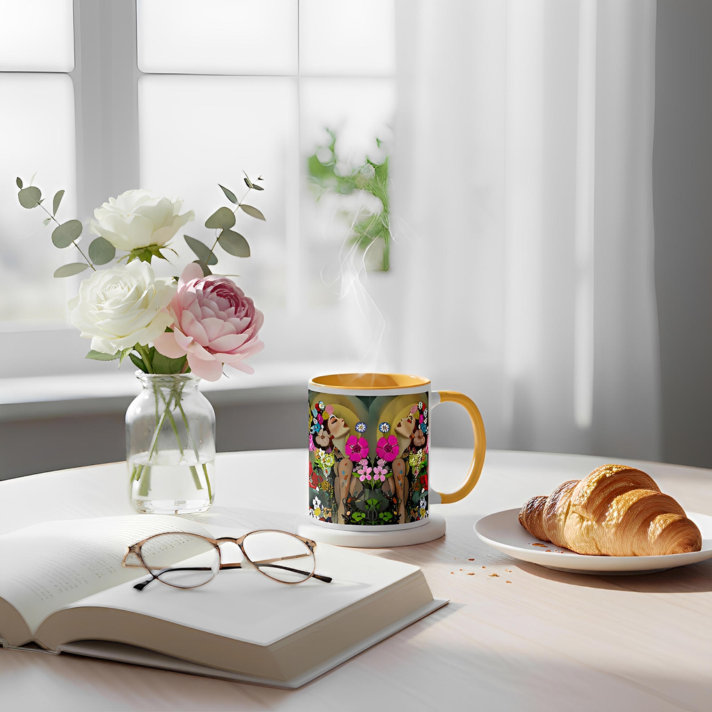 Premium White Ceramic with orange color interior-Floral Beauty Ceramic Mug - Botanical Flower Design Mug -morning breakfast table scene with a floral vase, a book and glasses and a pastry - 11 oz right view
