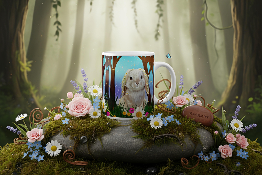 Magical Forest Bunny Mug - Enchanted Easter Bunny with Flower Crown sitting in the grass surrounded  magical trees. flowers and delicate butterflies -20-oz-right view