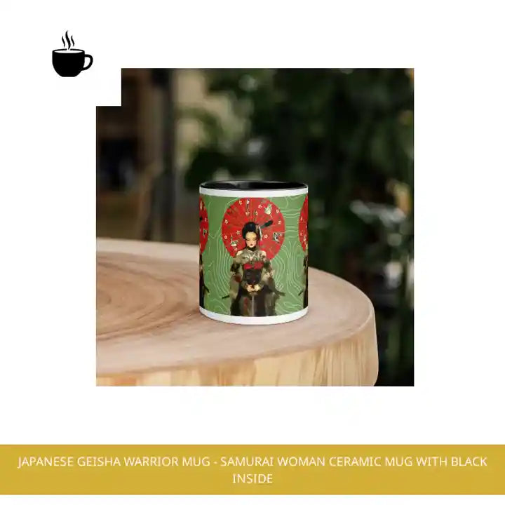 Japanese Geisha Warrior Mug - Samurai Woman Ceramic Mug with Black Inside by@Outfy